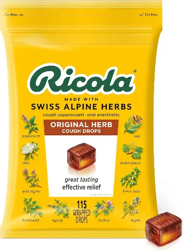 [2525117] Ricola Original Herb Cough Drops, 115 Count, Cough Suppressant & Throat Relieving Drops with Naturally Sourced Menthol, Pleasing Herbal Taste for Coughs & Throat Irritation Symptom Relief 