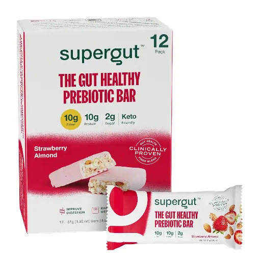 [657091298] Supergut Prebiotic Bars | Meal Replacement | Boost GLP-1 | High Fiber and Protein | No Added Sugar | Keto Food, Meal, Snack (Strawberry Almond, 12 Count) 