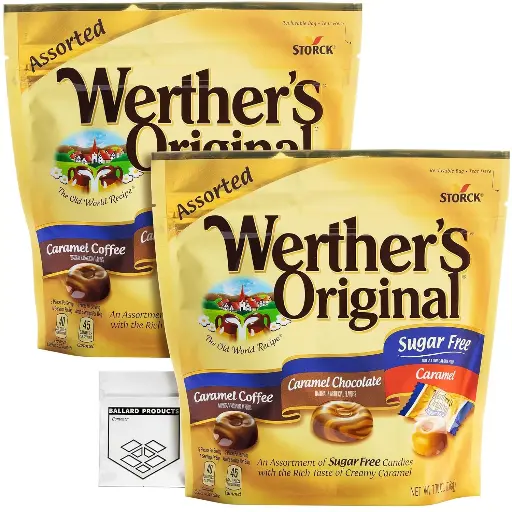 [909058] Werther's Original Sugar Free Assorted Candy Pack of 2 Bags of Hard Candy (7.7oz Each) - 3 Flavors: Coffee, Chocolate, Caramel - Bundle with Ballard Products Pocket Bag 