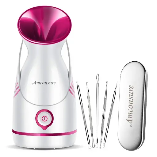 [252580] Amconsure Facial Steamer - Nano Ionic Face Steamer Warm Mist Steamer for Face Home Sauna SPA, Face Humidifier Steamer for Facial Deep Cleaning Unclogs Pores Sinuses - 5 Piece Stainless Steel Skin Kit 