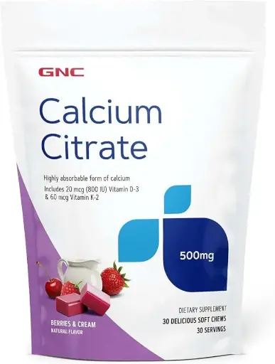 [5645656832] GNC Calcium Citrate 500mg Soft Chews | Highly Absorbable Form of Calcium | Berries & Cream | 30 Count 