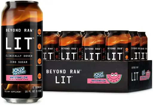 [454672233] BEYOND RAW LIT On The Go | Ready to Drink Cans | Contains Caffeine, L-Citrulline, Beta-Alanine, and Nitric Oxide | Jolly Rancher Watermelon | 12 Count 