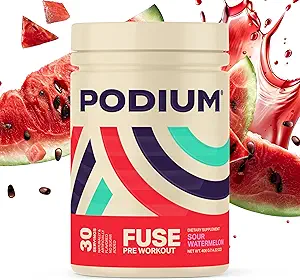 [6557893215] Podium Nutrition, Fuse Pre Workout Powder, Sour Watermelon, 30 Servings, Beta Alanine and Caffeine for Energy, Gluten Free, Soy Free, Dairy Free 