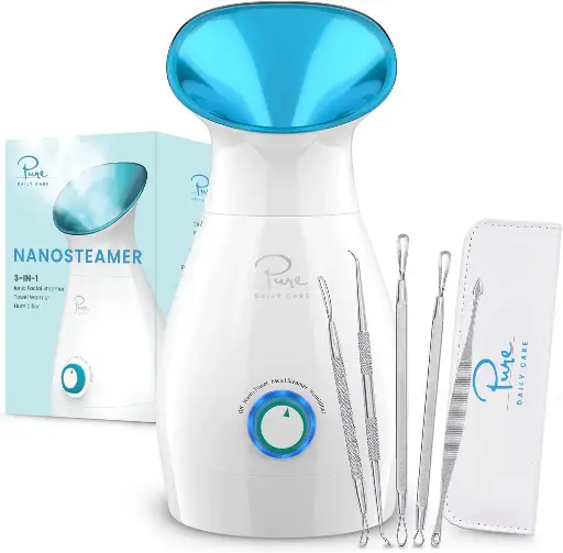 [252520] NanoSteamer Large 3-in-1 Nano Ionic Facial Steamer with Precise Temp Control - Humidifier - Unclogs Pores - Blackheads - Spa Quality - Bonus 5 Piece Stainless Steel Skin Kit (Teal) 