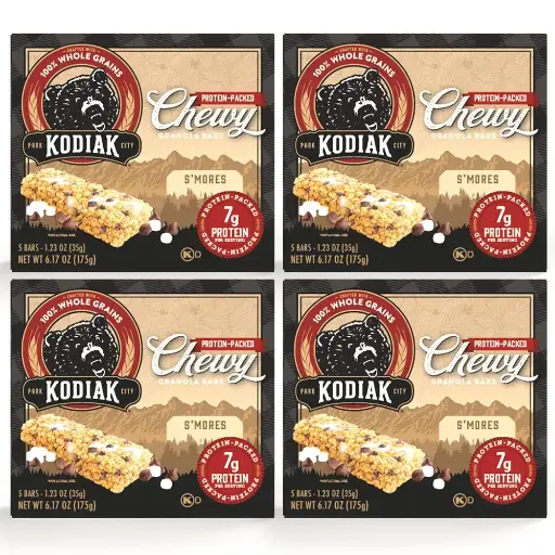 [333317] Kodiak Cakes Protein Chewy Granola Bar, S'mores, (Pack of 4 Boxes) 