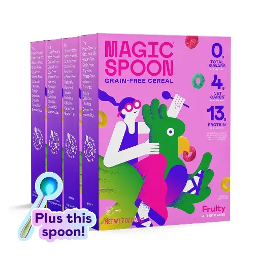[333318] Magic Spoon Cereal - Fruity 4-Pack of Cereal and Spoon - Keto & Low Carb Lifestyles, Gluten & Grain Free, High Protein, 0g Sugar 