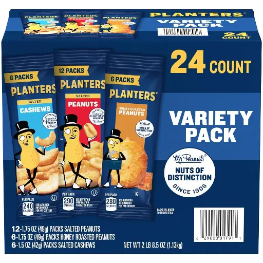 [2525174] PLANTERS Peanuts & Cashews Variety Pack, 40.5 oz, Includes 6 packages Honey Roasted Peanuts (1.75 oz each), 12 packages Salted Peanuts (1.75 oz each), and 6 packages Salted Cashews (1.5 oz each) 