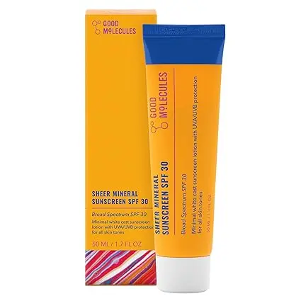 [909070] Good Molecules Sheer Mineral Sunscreen SPF 30 Minimal Whitecast Zinc Oxide Sunscreen with Hyaluronic Acid, Reef-Safe, UVA/UVB Protection - Skincare for Face 
