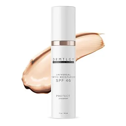 [123493] DRMTLGY Anti-Aging Tinted Moisturizer with SPF 46. Universal Tint. All-In-One Light Coverage Sheer Tinted Face Sunscreen with Broad Spectrum Protection Against UVA and UVB Rays. 1.7 oz 