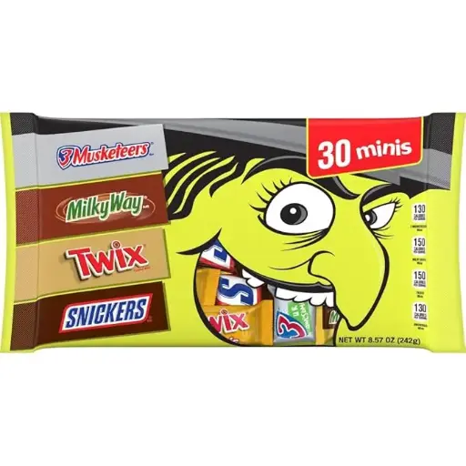 [7699012334] SNICKERS, TWIX, MILKY WAY & 3 MUSKETEERS Minis Individually Wrapped Trick or Treat Halloween Candy Bars, 30 Ct, 8.57 Oz Bulk Bag 