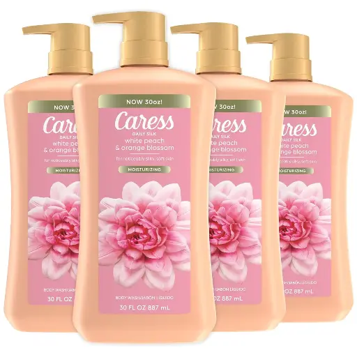 [2525187] Caress Body Wash for Women with Pump, Daily Silk White Peach & Orange Blossom, Shower Gel Body Wash Moisturizing for Noticeably Silky, Soft Skin, 30 fl oz, 4 Pack 