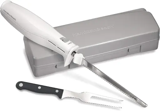 [909086] Hamilton Beach Electric Knife Set for Carving Meats, Poultry, Bread, Crafting Foam & More, Reciprocating Serrated Stainless Steel Blades, Ergonomic Design Storage Case + Fork Included, 5Ft Cord, White 