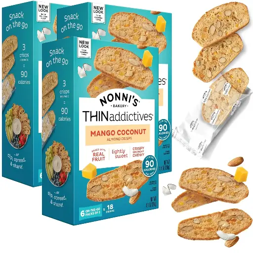[4353578799] Nonni's THINaddictives Almond Thin Cookies - 3 Boxes Mango & Coconut Almond Cookies - Sweet Crunchy & Chewy Almond Cookie Thins - Biscotti Individually Wrapped Cookies - Kosher Coffee Cookies - 4.4 oz 