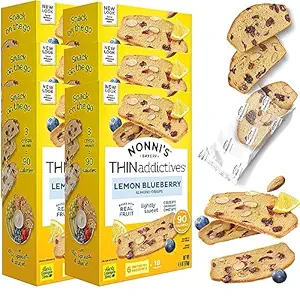 [34598908233] Nonni's THINaddictives Almond Thin Cookies - 6 Boxes Lemon Blueberry Cookie Thins - Almond Cookies - Sweet Crunchy & Chewy - Biscotti Individually Wrapped Cookies - Kosher Coffee Cookies - 4.4 oz 