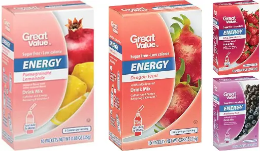 [43457587934] Great Value Energy Drink Mix Variety Bundle, 0.88-1.13 oz box with 10 Drink Packets (Pack of 4) includes 1-Box Blueberry Acai + 1-Box Wild Strawberry + 1-Box Dragon Fruit + 1-Box Pomegranate Lemonade 