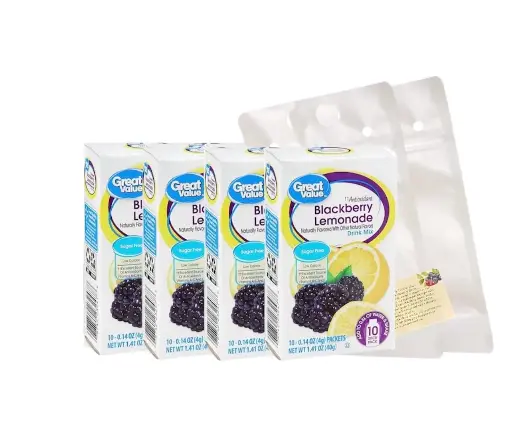 [23456789965] Great Value Sugar free Low calorie Blackberry Lemonade Drink Mix Bundle 10 packets Per Box (4 Boxes), 40 Total Packets. Includes (2) Stand-Up Sieral Plastic Drink Pouches Bags. Store Juice, Favorite Snacks. Custom Healthy Smoothie Recipe Card 