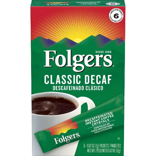 [909091] Folgers Classic Decaf Decaffeinated Instant Coffee Crystals, 6 Single Serve Packets (Pack of 12) 