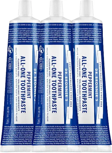 [9090104] Dr. Bronner’s - All-One Toothpaste (Peppermint, 5 Ounce, 3-Pack) - 70% Organic Ingredients, Natural and Effective, Fluoride-Free, SLS-Free, Helps Freshen Breath, Reduce Plaque, Whiten Teeth, Vegan 