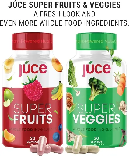 [222210] Improved Formula - Júce Super Fruits & Super Veggies Capsules - Gluten/Gelatin Free, Non GMO, Soy Free & Vegan - Reds & Greens Superfood Capsules - 23 Fruits & 23 Vegetables - 180 Count 