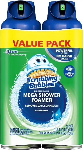[34349889066] Scrubbing Bubbles Mega Shower Foamer Aerosol, Tough Foaming Bathroom, Tile, Bathtub and Disinfectant Shower Cleaner (1 Aerosol Spray), Rainshower Scent, 20 oz (Pack of 2) 