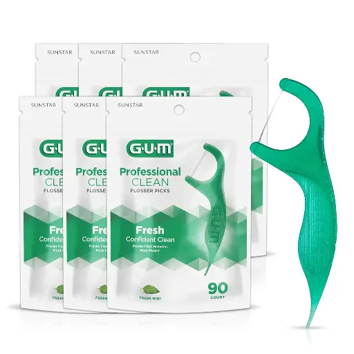 [252519] GUM Professional Clean Floss Picks - Extra Strong Shred-Resistant Floss, Easy Grip Handle - Dental Flossers for Adults - Fresh Mint Flavor, 90ct (6pk) 