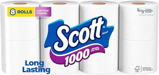 [45346457334] Scott 1000 Toilet Paper, 8 Rolls, Septic-Safe, 1-Ply Toilet Tissue 