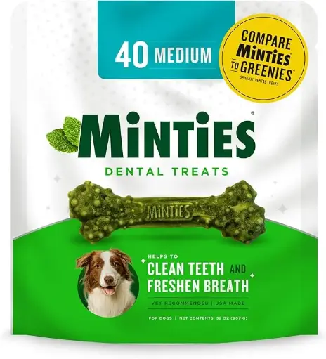 [45456091257] Minties Dental Chews for Dogs, 40 Count, Vet-Recommended Mint-Flavored Dental Treats for Medium Dogs 25-50 lbs, Dental Bones Clean Teeth, Fight Bad Breath, and Removes Plaque and Tartar 
