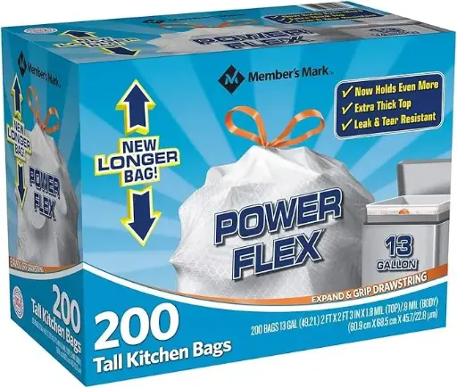 [45456567768] Member's Mark Power Flex Tall Kitchen Drawstring Bags, 200 Count 