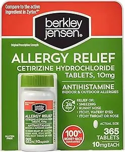 [647672345090] berkley jensen 24 Hour Allergy Relief (365-Count), 10 mg Cetirizine Hydrochloride Antihistamine - Fast Allergy Medicine for Indoor & Outdoor Allergies, Easy-Swallow Tablets, Compare to Zyrtec 