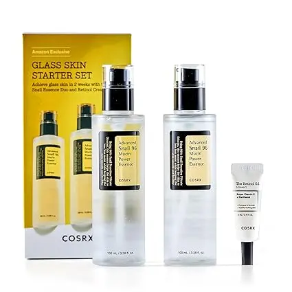 [909013] COSRX Glass Skin Starter Set, Amazon Exclusive, Advanced Snail 96% Mucin Power Essence & Retinol 0.1% Cream Mini Sample, Daily Hydrating & Firming Korean Skin Care Kit, Gift Set 