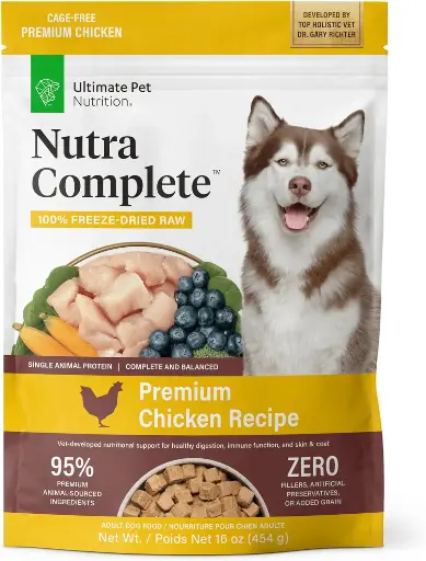 [9090120] ULTIMATE PET NUTRITION Nutra Complete Raw Freeze Dried Dog Food, Veterinarian Formulated with Antioxidants, Prebiotics & Amino Acids (1 Pound, Chicken) 