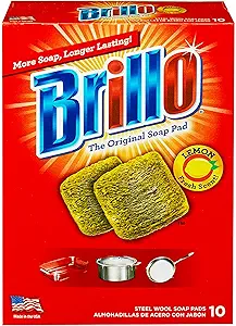 [45356677685] Brillo Steel Wool Soap Pads, Long Lasting, Lemon Scent Cleaning (Lemon, 10 Count (Pack of 1)) 