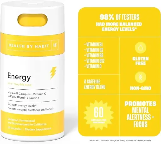 [765858589] Health by Habit Energy Supplement 2 Pack (120 Capsules) - Natual Caffeine Blend, Vitamins B & C, Supports Energy Levels, Promotes Mental Alertness and Focus, Vegan, Non-GMO, Sugar Free (2 Pack) 