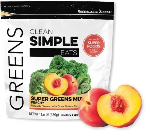 [9090127] Clean Simple Eats Peachy Greens Juice & Smoothie Mix, Gluten Free, With Chlorella & Spirulina Superfoods (30 Servings) 