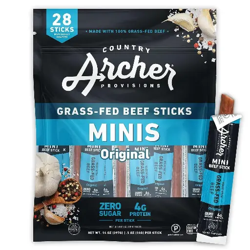 [2525229] Country Archer Mini Beef Jerky Sticks - Grass Fed Beef Sticks Individually Wrapped, Mini Beef Sticks Bulk, Beef Jerky Snack Packs, Gluten Free, Paleo, Keto - .5 oz Meat Sticks (Pack of 28) 