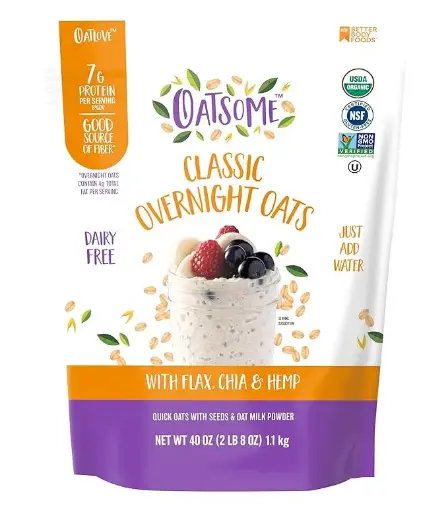 [3453452114] Oatsome Organic Overnight Oats with Chia, Flax, & Hemp, Gluten-Free Oatmeal with 7g of Protein, 2.5 lb Bag 