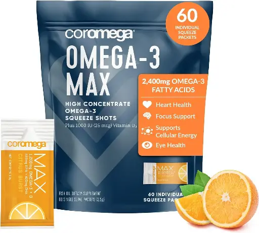 [9090135] Coromega MAX 2400mg Omega-3 Fish Oil + Vitamin D (60 Squeeze Packets, Citrus Burst) Wild-Caught, No Fishy Taste - 3X Better Absorption Than Softgels, Supports Brain & Heart Health 