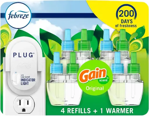 [4539096675] Febreze Plug in Air Fresheners, Gain Original Scent, Odor Fighter for Strong Odors, 1 Warmer + 4 Oil Refills 