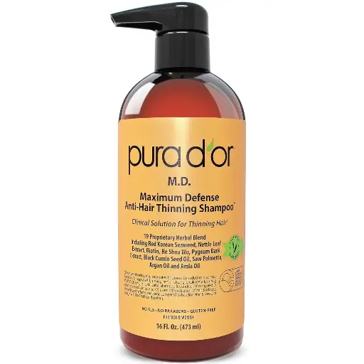 [9090157] PURA D'OR 16 Oz MD Anti-Hair Thinning Maximum Defense Shampoo - 0.5% Coal Tar, Biotin, 19+ DHT Herbal Blend For Dry & Itchy Scalp, No Sulfates - For Men & Women 