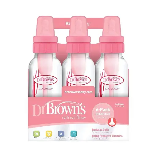 [9090170] DR Browns Natural Flow Feeding Bottle 6PK Clear with Pink Print - 250ML(8OZ) (Standard) 