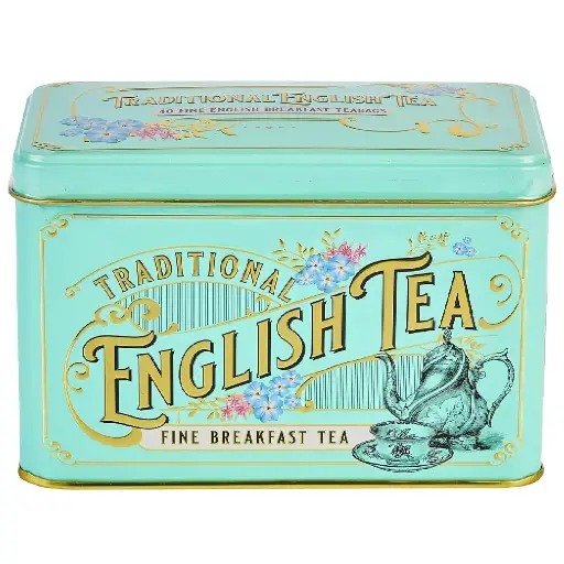 [212112] New English Teas Vintage Victorian Tea Tin with 40 English Breakfast Tea Bags, Forget Me Not Florals, Black Tea, Ceylon Tea, Mint Green British Tea Caddy 