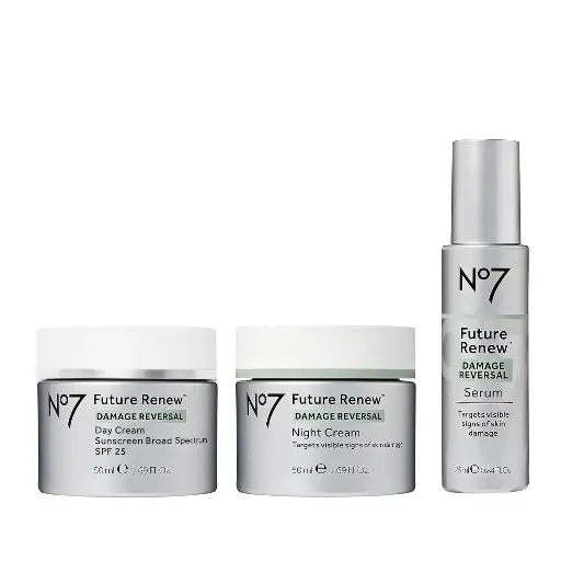 [9090177] No7 Future Renew Damage Reversal Skincare Set - Anti Aging Face Serum (.33 Fl Oz), Day Cream with SPF 25 (1.69 Fl Oz) & Night Cream (1.69 Fl Oz) - Reverses Visible Signs of Sun Damage - 3-Piece Set 