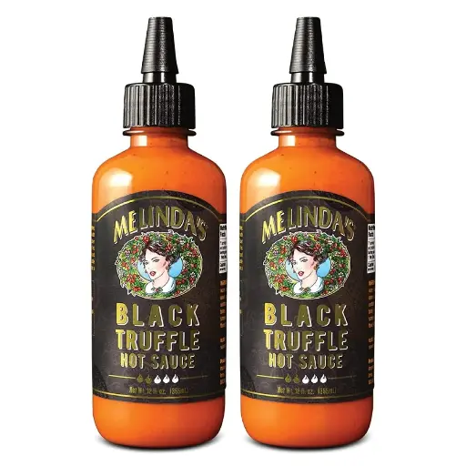 [9090180] Melinda's Black Truffle Bundle: 24 fl oz Black Truffle Hot Sauce | 2 Pack | & 1-8" Red Babecue Basting Brush 